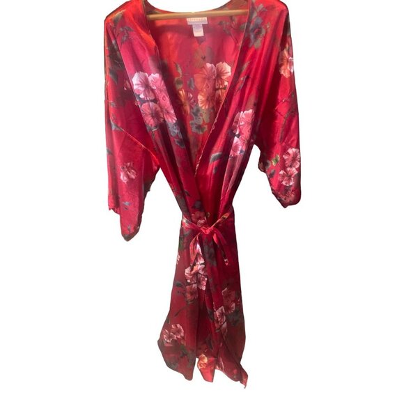 Serenada Red Satin Floral Belted Long Robe Sz 1X - Picture 1 of 7